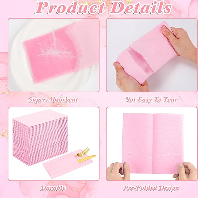 120 Pcs Pink Linen-Feel Paper Napkins with Built-in Flatware Pocket, Pocket Linen Napkin Prefolded Cloth Like Paper Napkins Bulk for Girls Birthday Baby Bridal Shower Tea Party Wedding