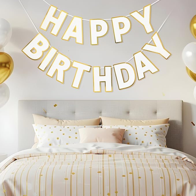 Happy Birthday Banner - 9ft Pre-Strung Happy Birthday Sign for Women, Men, Girls, Boys - No DIY Birthday Decorations & Party Supplies(White)