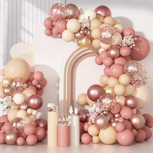 170Pcs Blush Dusty Rose Pink Balloons Garland Arch Kit, Boho Peach Rose Gold Neutral Confetti Balloons for Girls Women Bridal Baby Shower Wedding Engagement Birthday Party Decorations