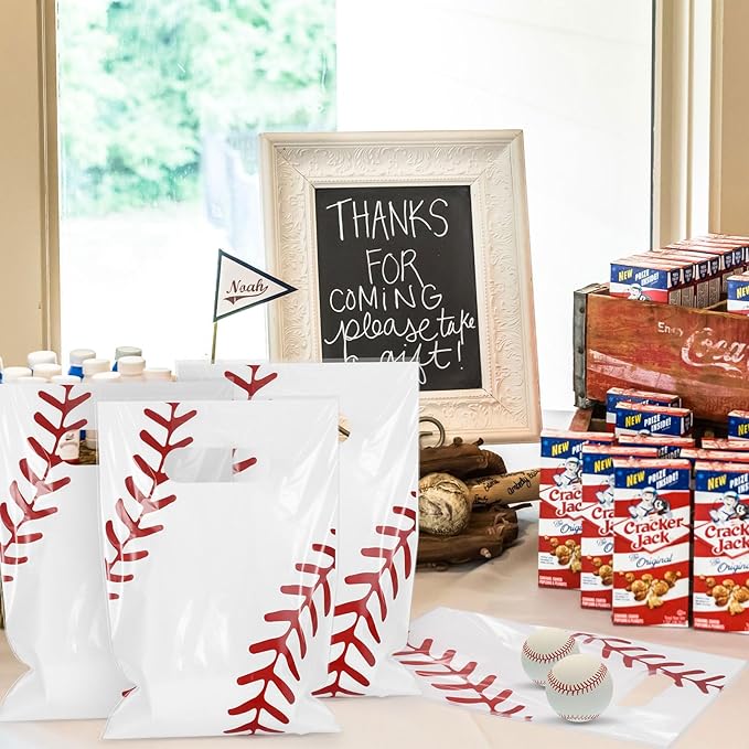 Hxezoc 50 Pieces Baseball Gift Bags with Handle, Plastic Treat Candy Bag Sport Favor Bags For Birthday Party Decoration Supplies
