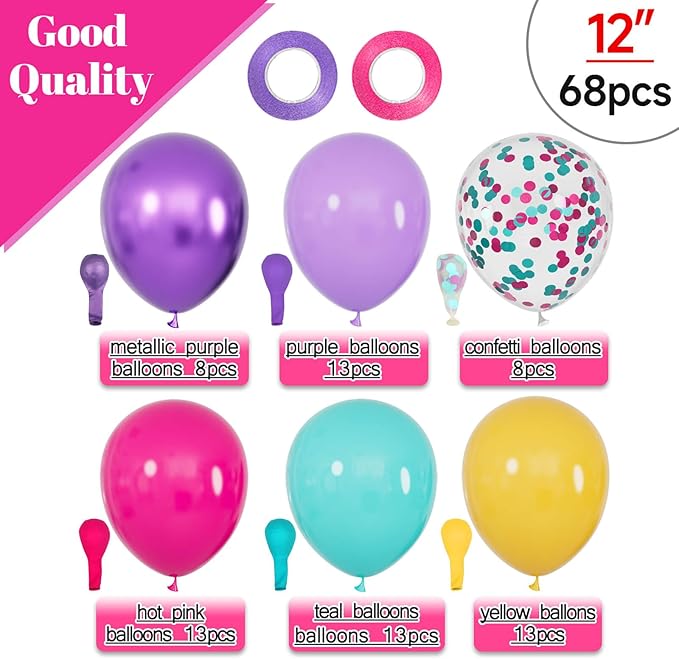 68Pcs Pink Purple Blue Balloon 12 Inch Confetti Balloons Yellow Teal Balloon for Kids Birthday Baby Shower Magic Theme Decoration Engagement Party Supplies.