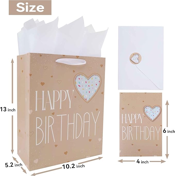 Qirrmiy 13” Large Brown Happy Birthday Gift Bag Set with Handles, Greeting Card, Green Tissue Papers and Stickers for Women Girls Men Boys Kids Teens, Heart Design, 1 Pcs.