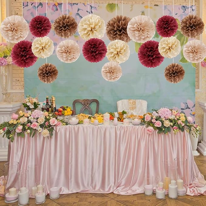 Capesaro Burgundy Beige 12PCS Paper Pom Poms Party Decorations for Engagement,Boho Wedding,Baby Shower