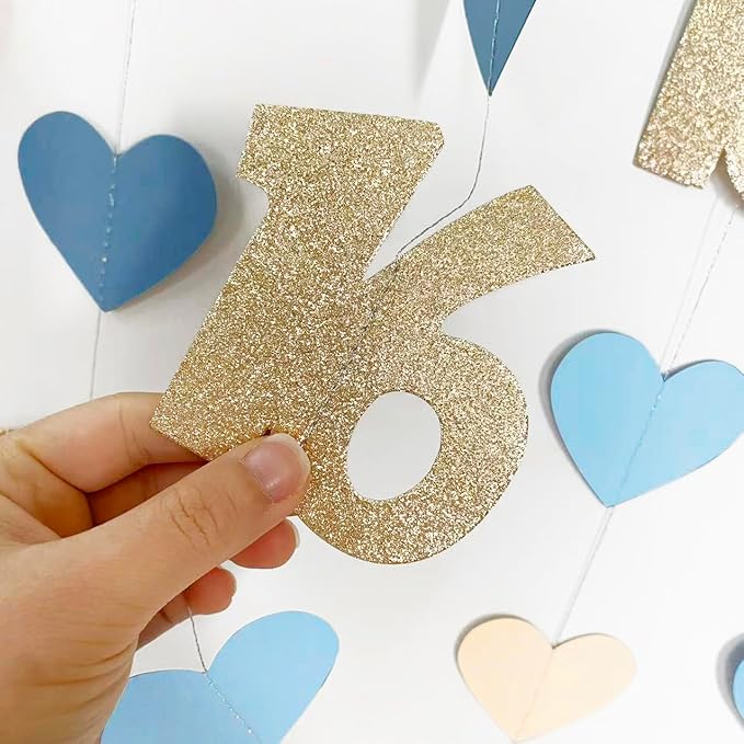 Champagne Gold Blue 16th Birthday Decorations Champagne Gold Dusty Blue Heart Garland Streamer Banner Backdrop for Girls Happy 16th Birthday Sweet 16 Decorations Cheers to 16 Years Old Party Supplies