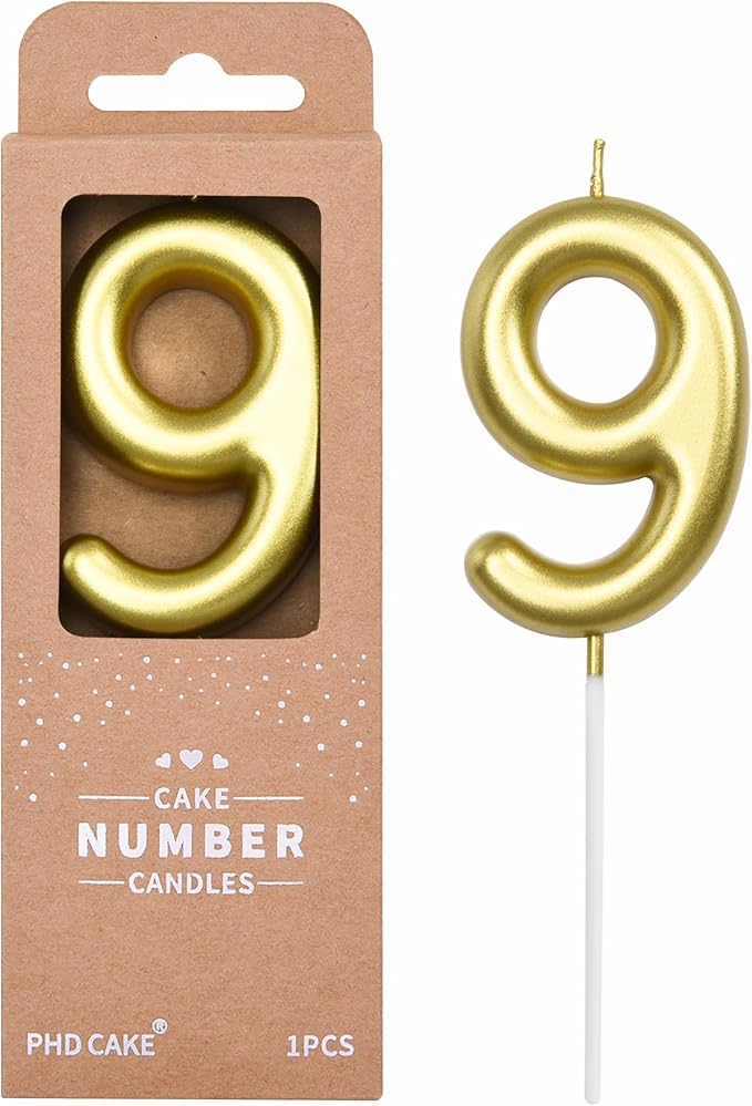 PHD CAKE 2.76 Inch Classical Gold 9 Number Birthday Candles, Cake Candles for Party Celebration