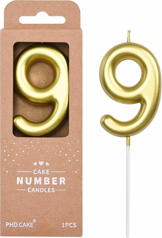 PHD CAKE 2.76 Inch Classical Gold 9 Number Birthday Candles, Cake Candles for Party Celebration