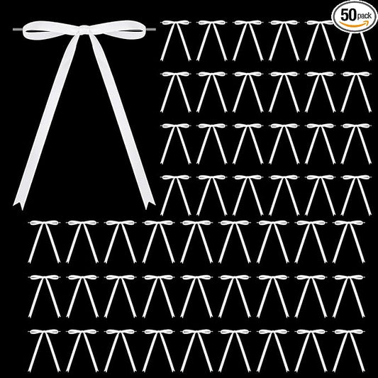 50 Pcs Satin Ribbon Bows 5x7 Inch Twist Tie Bows, Cute White Bow Decor for Gift Wrapping, Cake Treat Bags, Craft DIY Gift, Party Favors Wedding Decorations (White)