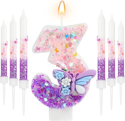 AKURIEEY Butterfly 3rd Birthday Candle Purple Number 3 Candle with 6 Pcs Long Candles for Girls Cake Topper Cupcake Decor Party Decoration Anniversary Celebrations Supplies