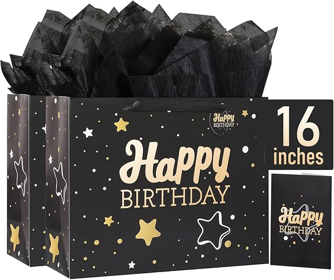 16" Black Happy Birthday Gift Bag with Tissue Paper and Greeting Card for Party,Happy Birthday Gift Bag for Men Women,Gift Bags Extra Large(2 PCS Black Hot Stamping)