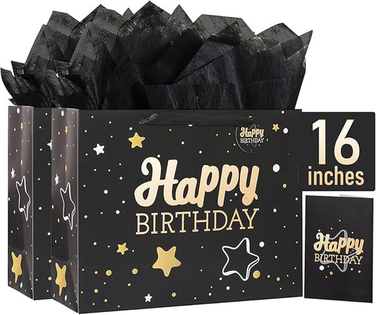16" Black Happy Birthday Gift Bag with Tissue Paper and Greeting Card for Party,Happy Birthday Gift Bag for Men Women,Gift Bags Extra Large(2 PCS Black Hot Stamping)