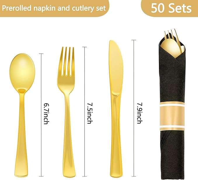 50 Pack Pre Rolled Gold Plastic Silverware Set,Wrapped Plastic Cutlery Set with Napkin Include 50 Forks,50 Spoons,50 Knives and 50 Black Napkins for Party, Wedding,Christmas