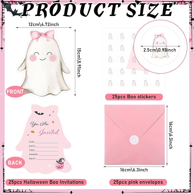25 Set Halloween Invitation Cards Pink Happy Boo Day Birthday Invitation Paper Card with Envelope and Sticker Halloween Birthday Invites Party Supplies for Baby Shower Girls Dinner Favors, 5 x 6 Inch