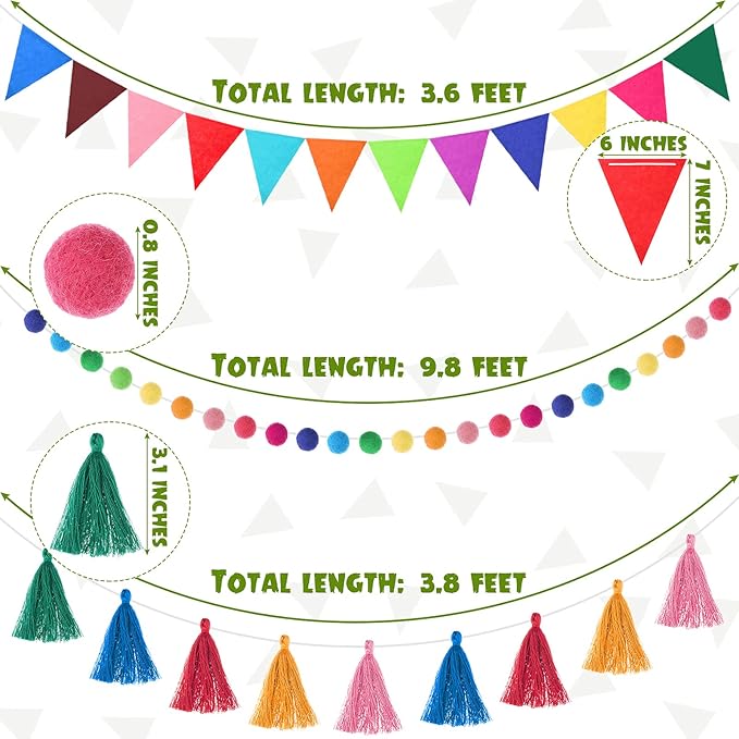 Irenare 9.8 ft Pom Pom Garland Felt Rainbow Garland 2026 Graduation Party Decoration Colorful Pennant Tassel Banner Back to School Birthday Triangle Banner for Classroom School Mantel(Multicolor)