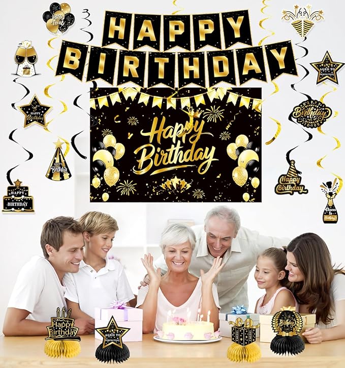 Black Gold Birthday Decorations for Men Women, Pre-Strung Happy Birthday Banner with Backdrop, Balloons,Honeycomb Centerpieces & Streamers Kit
