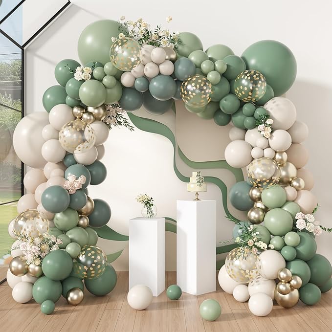 Amandir 173Pcs Dusty Green White Sand Balloon Arch Garland Kit, Beige Cream Mist Olive Light Sage Green Gold Confetti Balloons for Birthday Baby Shower Woodland Wild One Wedding Party Decorations
