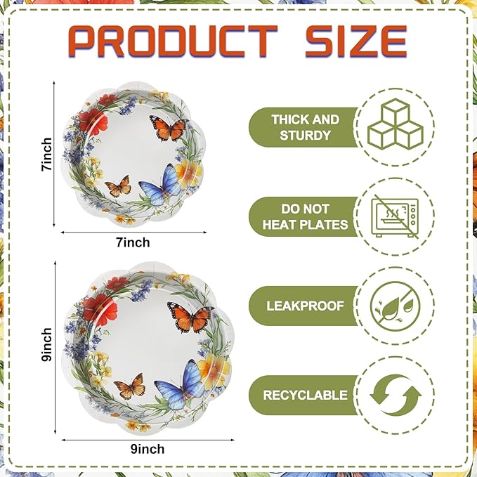 Zhehao 50 Pcs Wildflower Party Paper Plates 7 Inch 9 Inch Floral Butterflies Disposable Dessert Plates Flower Tea Party Tableware for Spring Summer Bridal Baby Shower Birthday Supplies Decors
