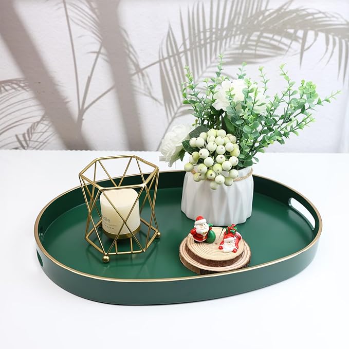 Spsyrine Dark Green Plastic Serving Tray for Ottoman, Coffee Table, Oval Decorative Tray for Entertaining, Outdoor, Living Room, Home Decor