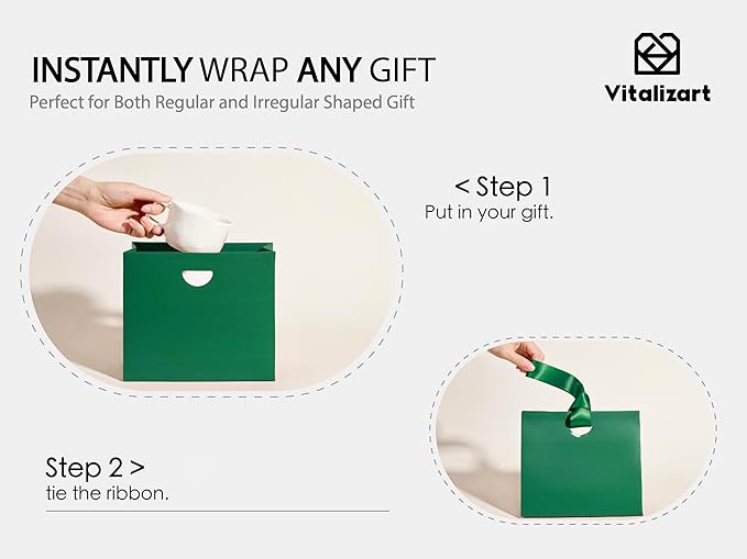 Vitalizart Paper Gift Bags With Ribbon Handles Set of 10 Green Bulk Reusable For Gift Wrap Girls Kids Birthday Bridal Shower Party Favors Goodie Bags Candy Toys Christmas 7.87"x3.54"x7.09" Small Size