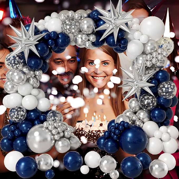 161pcs Navy Blue and Silver Balloon Garland Arch Kit with Blue White Silver Confetti Balloons, Star Foil Balloons, for Graduation New Year Anniversary Birthday Party Decorations