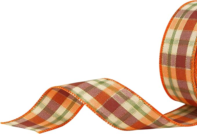 Meseey 1.5 Inch x 10 Yards Orange Green Burgundy White Plaid Wired Ribbon, Fall Tartan Check Wired Edge Ribbon for Wreaths, Bows, Gift Wrapping, Thanksgiving & Halloween Decor(Burgundy/Orange)