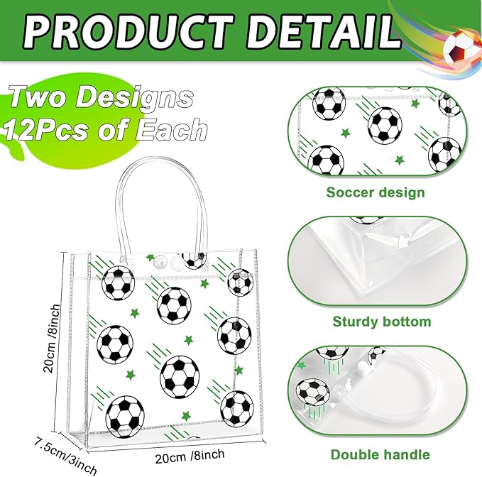 24Pcs Soccer Clear PVC Gift Bags With Handles Bulk 8 x 8 x 3 In Sport Theme Goodie Treat Candy Bags Soccer Team Present Wrap Tote Bag for Boys Birthday Party Favor Baby Shower Decorations Supplies