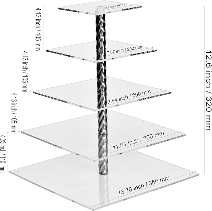 AMT Acrylic Cupcake Stand | Clear Acrylic Cupcake Stand for 88 Cupcakes | 5 Tiers Cupcake Stand | Perfect for a Wedding Shower, Birthday Party, Baby Shower. (1 pc/Box) (Square - 5 Tiers)