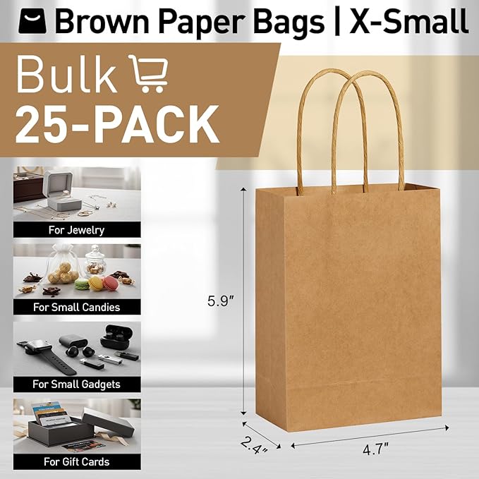 SUNCOLOR 25 Pieces 6" Mini Goodie Bags Brown Small Gift Bags with Handle for Party Favor Bags (Brown)