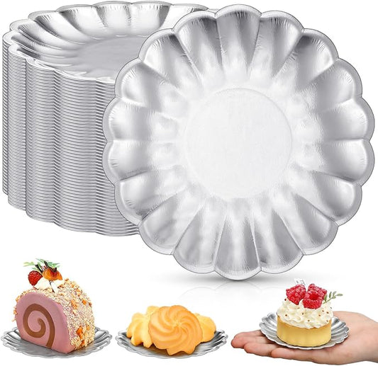 Yungyan 100 Pcs Mini Dessert Plates Cupcake Plates 3.5 Inch Silver Scalloped Rim Mini Paper Dessert Dish for Cake DIY Baking Party Wedding Birthday