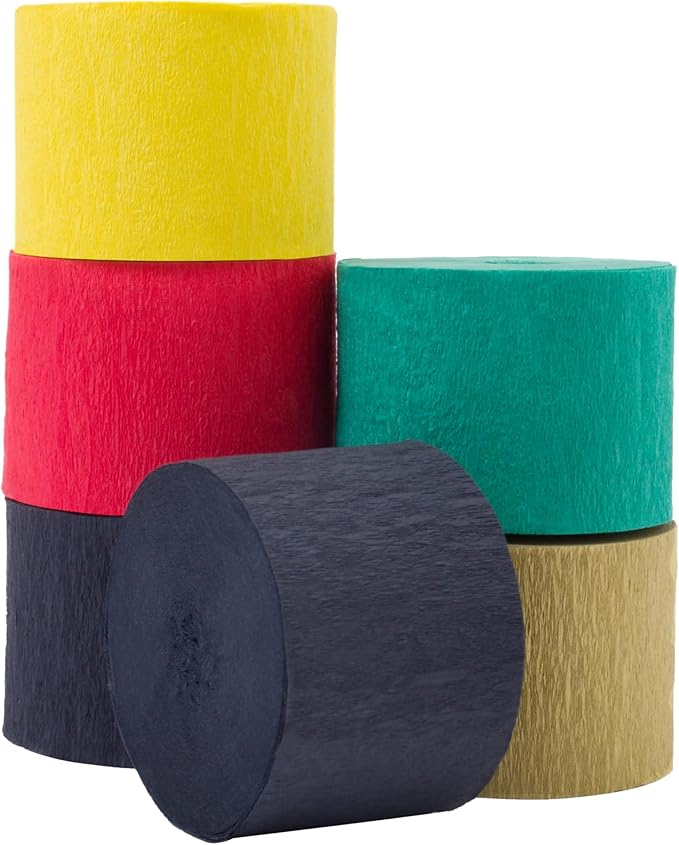 Crepe Paper Streamers 6 Rolls 492ft, Pack of Red Yellow Gold Black Green Streamers for Party Decoration,Christmas Decoration,Black History Month Decorations,(1.8 Inch x 82 Ft/Roll)