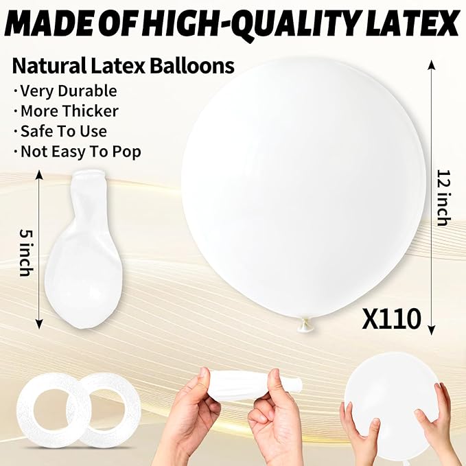 110pcs White Balloons 12 inch, White Latex Balloons Globos Blancos for Wedding Engagement Bridal Shower Birthday Party Decorations. (with 2 Ribbons).