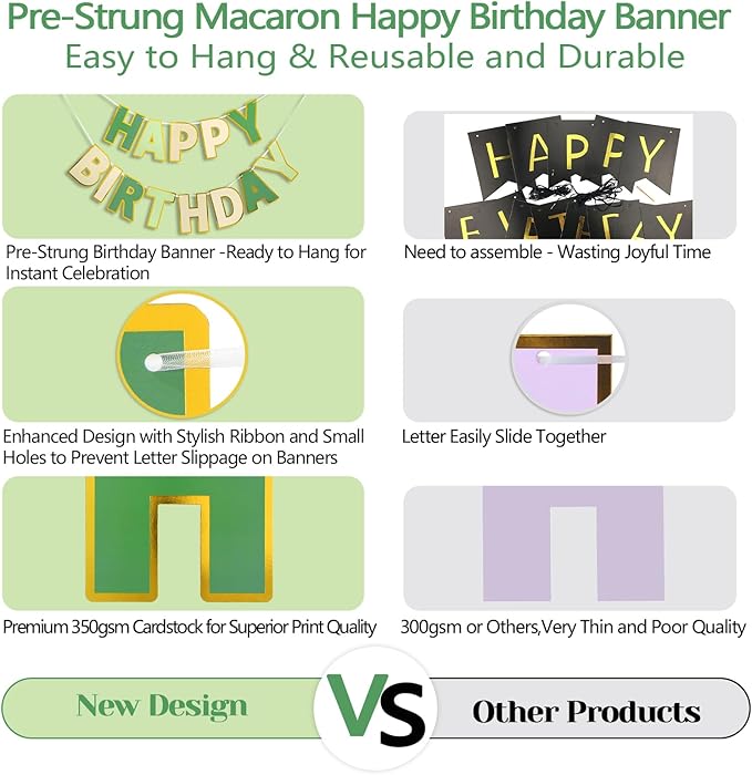 Happy Birthday Banner - 9ft Pre-Strung Happy Birthday Sign for Women, Men, Girls, Boys - No DIY Birthday Decorations & Party Supplies(Sage Green)