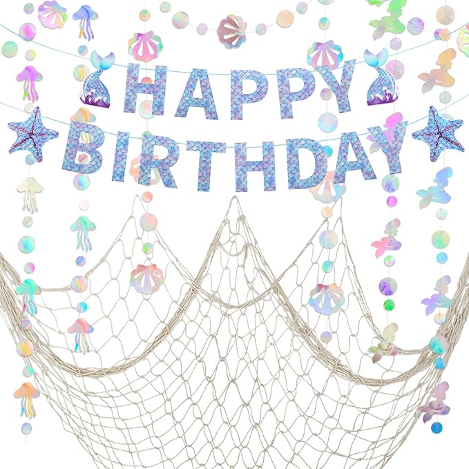 ZERODECO Mermaid Birthday Party Decorations, Iridescent Mermaid Garland, Happy Birthday Banner and Fishnet for Pirate Party, Nautical Decor, Under The Sea Party Decorations