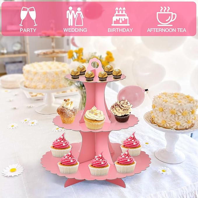 Soleebee 3-Tier Cupcake Stand, Cardboard Cupcake Tower, Dessert Cup Cake Stand Tower for Birthday Wedding Party Decoration, Cupcake Tier Stand 1 Set (Pink)