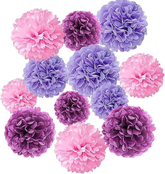 Tissue Paper Pompoms Paper Flower 12 Pcs Pink,Lavender,Light Purple Paper Flower Ball for Birthday Bachelorette Wedding Baby Shower Bridal Shower Party Decoration