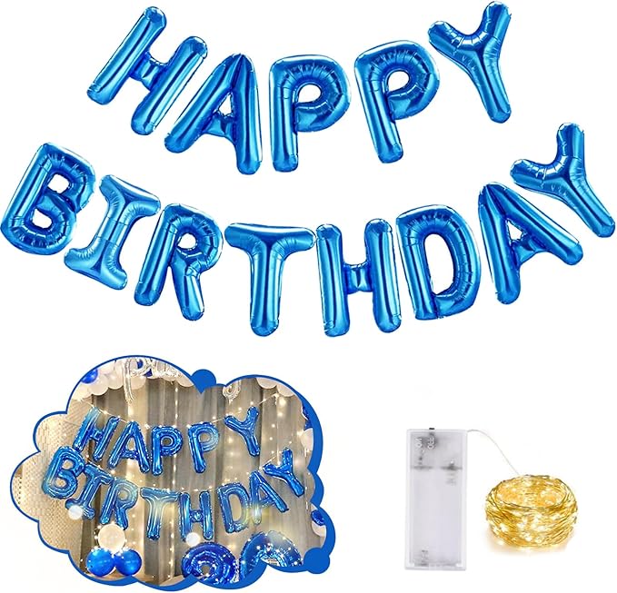 CANREVEL Happy Birthday Banner 13pcs 16 Inch Mylar Foil Letters Sign Balloons with LED Lights Birthday Party Decorations for Kids and Adults - 3D Blue