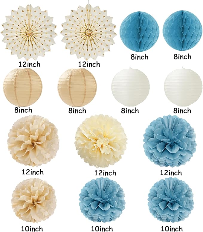 Light-Dusty Blue Beige-Champagne Boho Party-Decorations - 14Pcs Baby Bridal Shower Streamers Lanterns Honeycomb Fan,Tissue Pom Poms,Women Girls Birthday Bachelorette Wedding Backdrop Decor Ouruola
