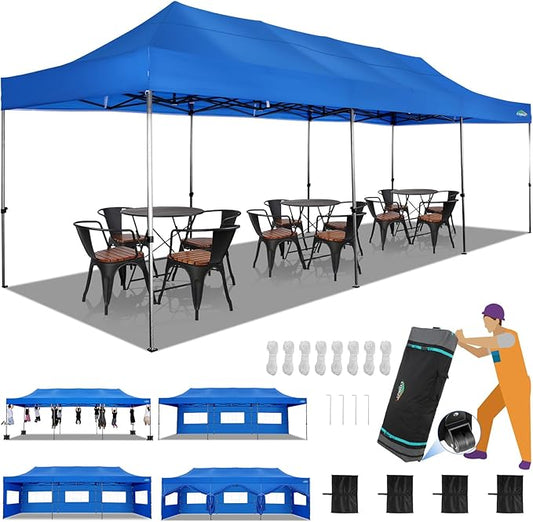 COBIZI 10x30 Heavy Duty Pop up Canopy with 8 sidewalls Party Tent for Parties Weddings Events UPF 50+ Waterproof Commercial Gazebo with Roller Bag, Blue(Frame Thickened)