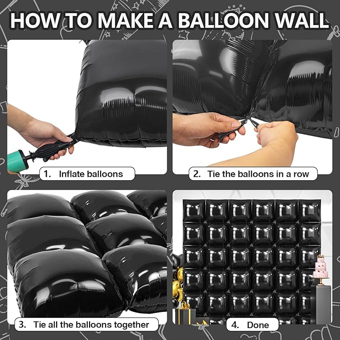 NISOCY 36PCS Black Square Foil Balloons Wall Backdrop Metallic Double Sided Black Balloon Tunnel Arch Kit for New Year Birthday Baby Shower Graduation Party Decorations