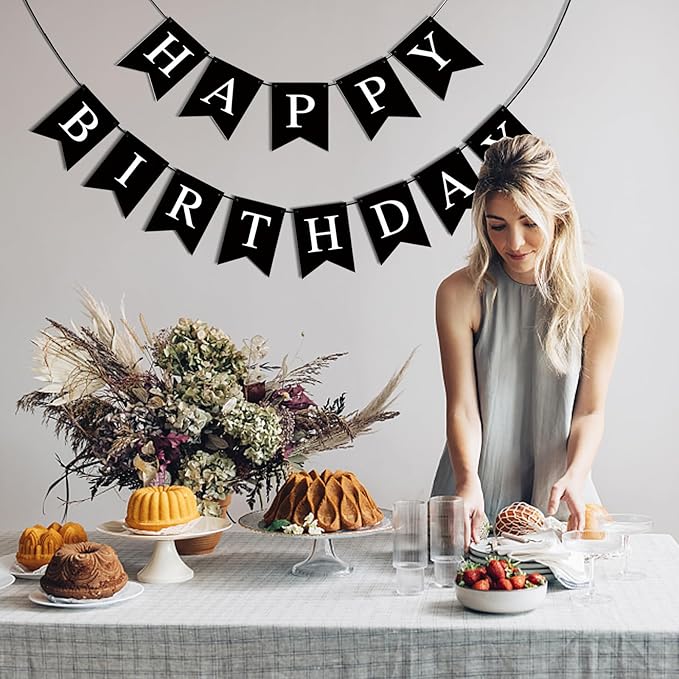 Happy Birthday Banner - Black Birthday Decorations Birthday Sign - for Birthday Party Backdrop Decor, Black Happy Birthday Sign Party Hanging Supplies for Girls Boys and Women