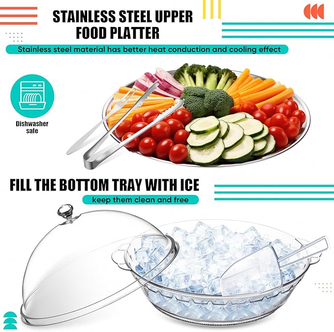 Baderke 11.8" Chilled Serving Tray for Parties with Compartments and lid Ice Chilled Party Platter Charcuterie Serving Board Cold Dish Dip for Fruit Seafood Vegetable Shrimp Cocktail(Silver,2 Pcs)