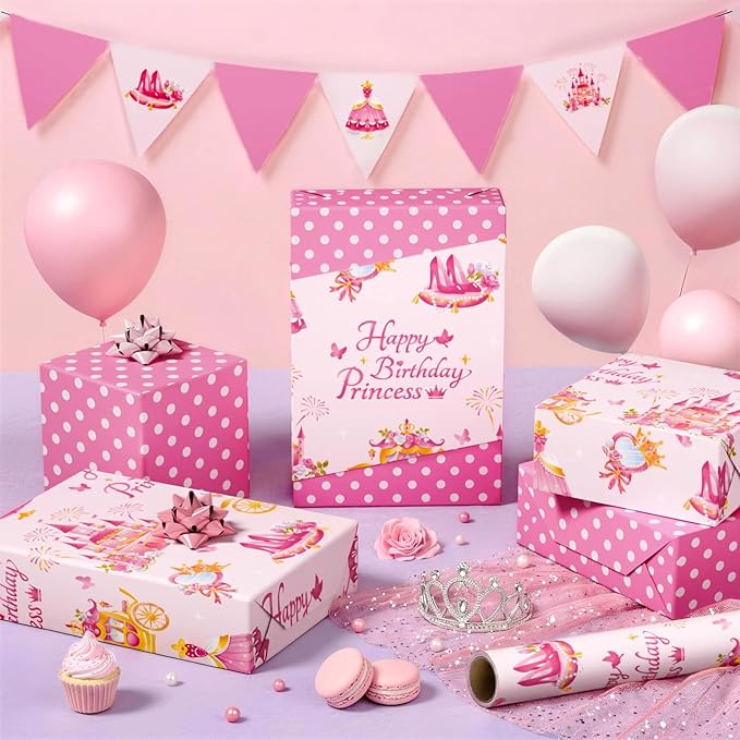WERNNSAI Princess Castle Wrapping Paper - 1 roll 17”x33ft Happy Birthday Wrapping Paper Roll for Kids Girls Pink Carriage Castle Gift Wrap Roll Princess Theme Party Favor Polka Design