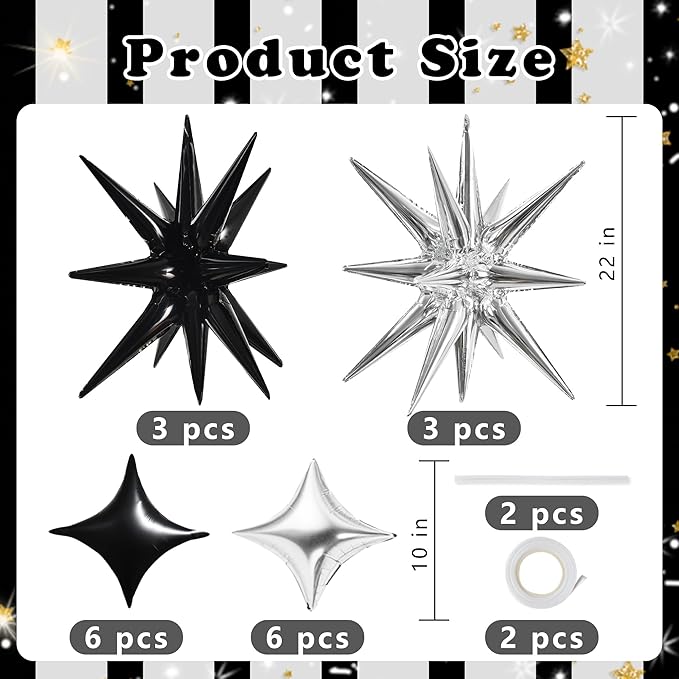 TONIFUL 18Pcs 22Inch Black Silver Large Explosion Star Mylar Balloons and 10Inch Four Pointed Star Balloons Set for Christmas New Year Birthday Wedding Bridal Shower Anniversary Photo Booth Supplies