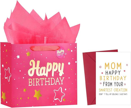Powbrace 13" Pink Happy Birthday Gift Bag with Tissue Paper and Greeting Card for Party,Happy Birthday Gift Bag for Women Mother, Gift Bags Medium size(1 PCS Pink, Attach Mom Cards)