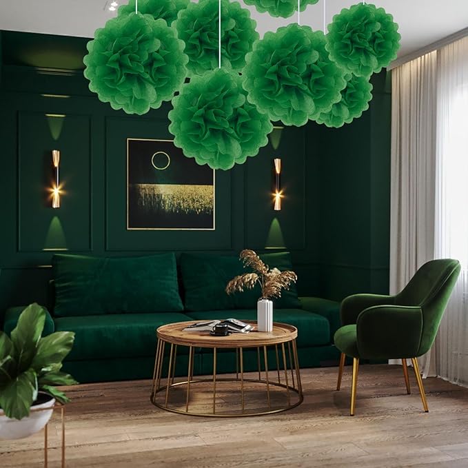 20 PCS Green Tissue Paper Pom Poms, Tissue Pom Poms Flowers, Sizes of 6", 10", 12", 14" Hanging Paper Flower Ball for Wedding, Birthday, Halloween, Christmas, Baby Shower Party Decor
