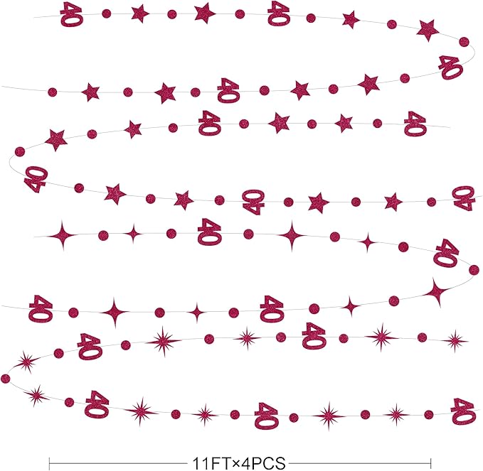 Burgundy 40th Birthday Decorations Number 40 Circle Dot Star Garland Glitter Streamer Banner Backdrop for Women Men Forty Fabulous Cheers to 40 Years Old Birthday 40th Anniversary Party Supplies