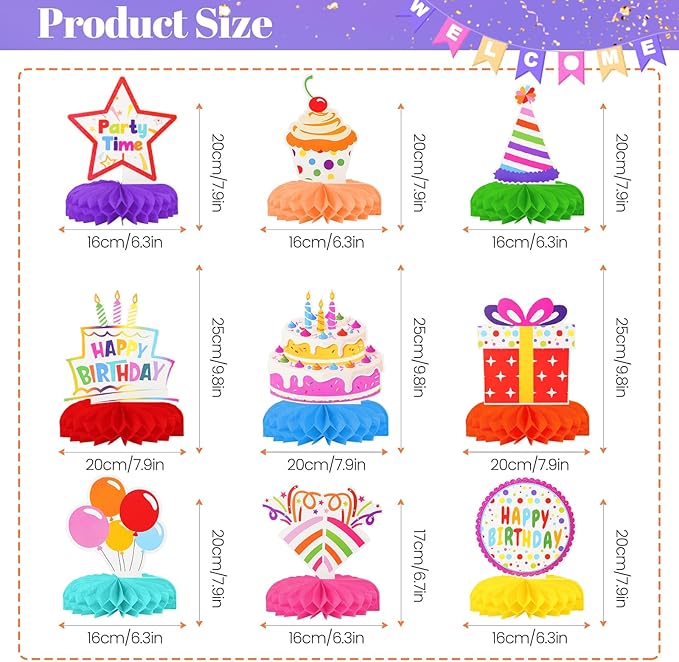 Happy Birthday Decorations, Rainbow Birthday Centerpieces for Tables, Birthday Table Centerpieces Decorations for Kids Party, Birthday Party Supplies (9 pcs)