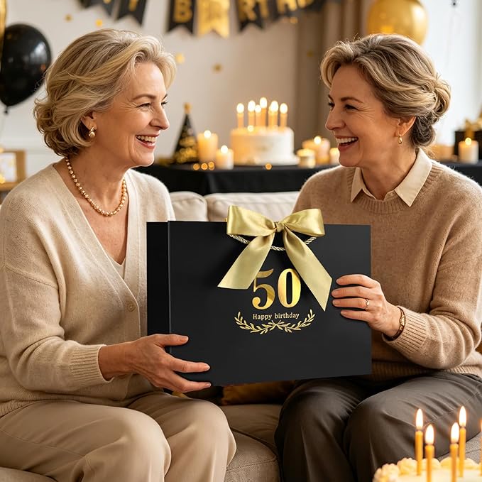 JMANNI Black Gold 50th Birthday Gift Bag with Card and Tissue Paper, 14.2"x9.8"x4.3" Large Present Bag for Men Women, 50 Year Old Birthday Keepsake Party Supplies