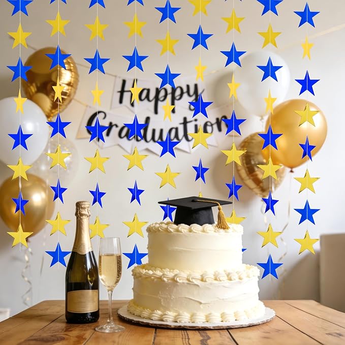 Glitter Star Garland Banner Decor 130 Feet Gold Blue Star Garland Hanging Bunting Banner Backdrop for Graduation Wedding Birthday Holiday Party