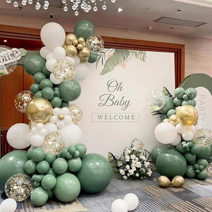 MEBAY 155Pcs Sage Green White Gold Balloon Garland Arch Kit with Gold Confetti Balloons for Graduation Baby Shower Decor Happy Birthday Party Wedding Jungle Decorations
