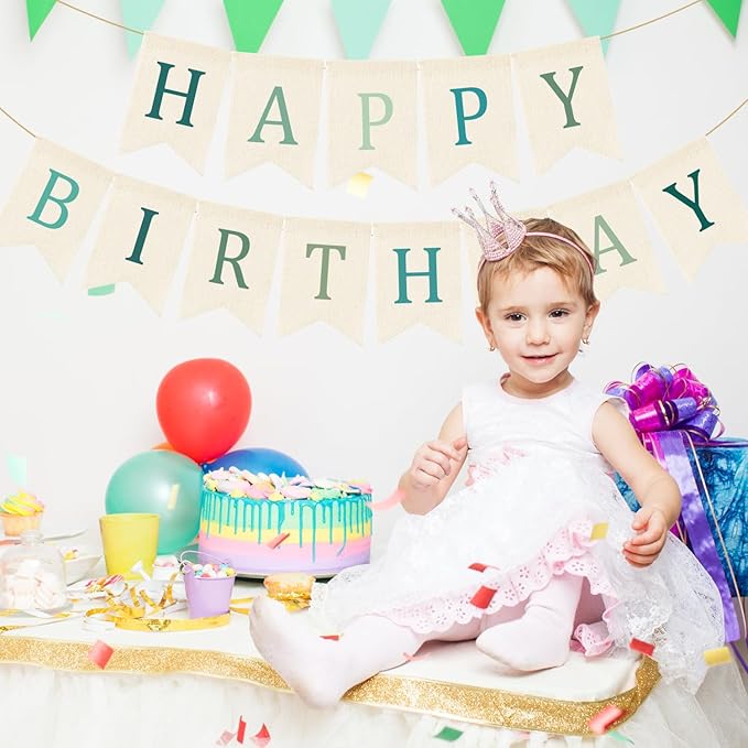 Doumeny Happy Birthday Burlap Banner Boho Birthday Banner Garland Neutral Green Bohemian Party Bunting Flag Colorful Happy Birthday Sign Hanging Garland for Home Fireplace Nursery Party Backdrop Decor
